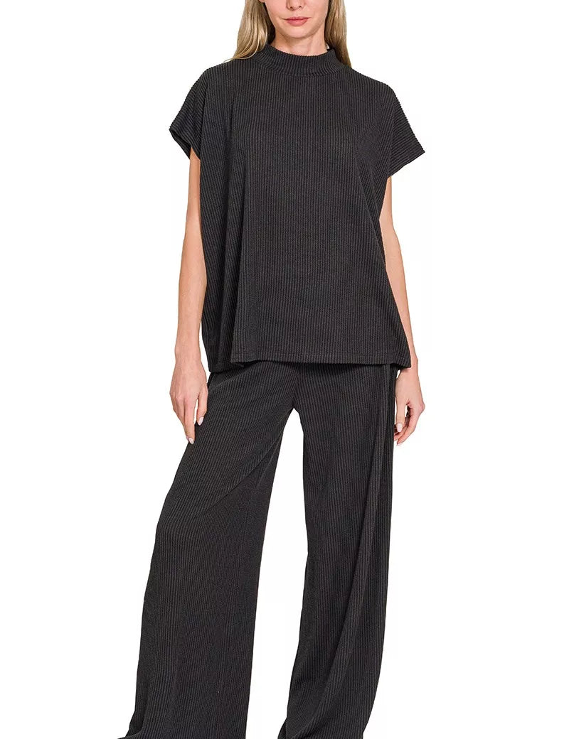 ZENANA Raised Rib Short Sleeve Tee & Pants Set on Simply Obsessed