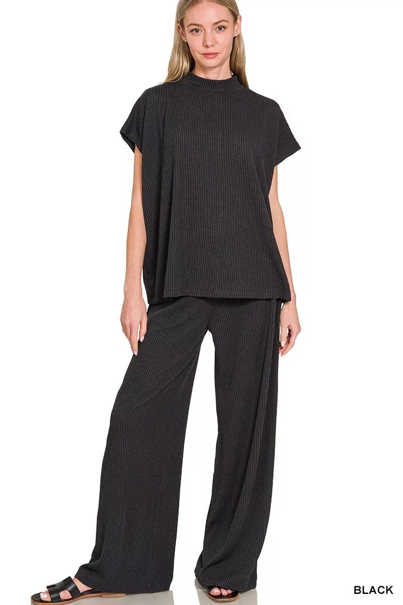 ZENANA Raised Rib Short Sleeve Tee & Pants Set on Simply Obsessed