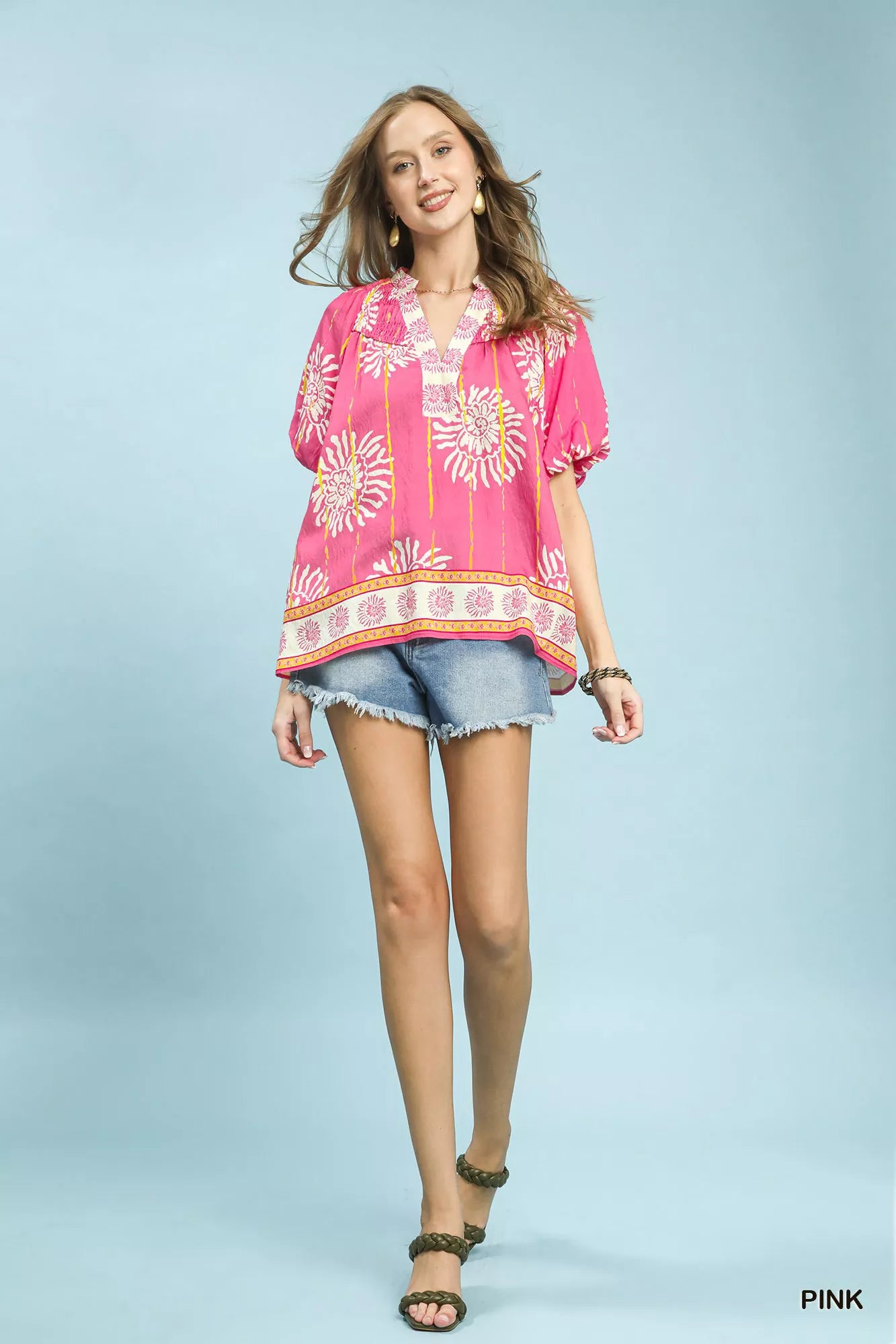 UMGEE Floral Border Smocked V-Neck Boho Blouse on Simply Obsessed