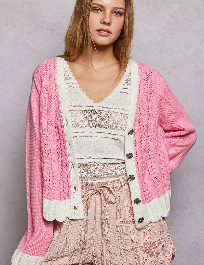 POL Button Down Cable-Knit Cardigan with Contrast Border Accents on Simply Obsessed