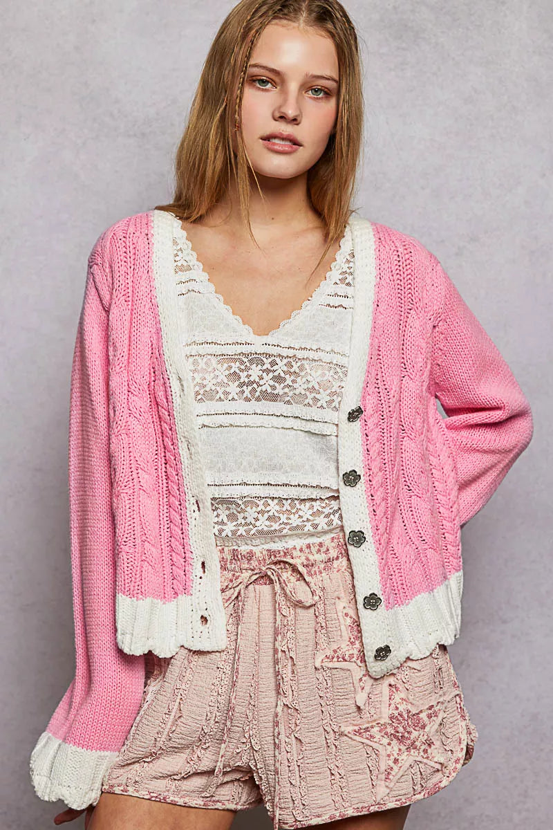 POL Button Down Cable-Knit Cardigan with Contrast Border Accents on Simply Obsessed