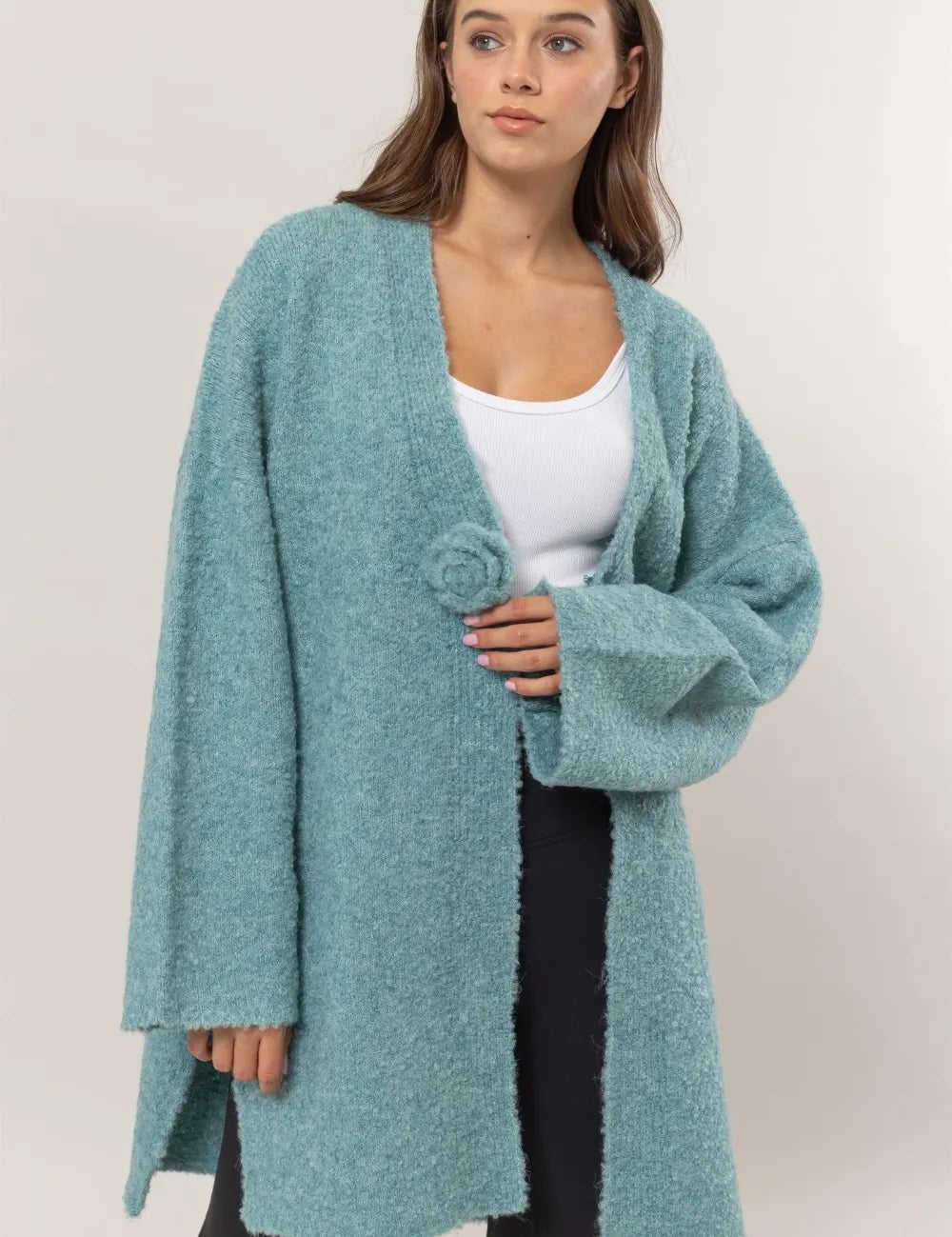 HYFVE Front Rosette Longline Slit Sweater Cardigan **FALL DEBUT SALE** on Simply Obsessed
