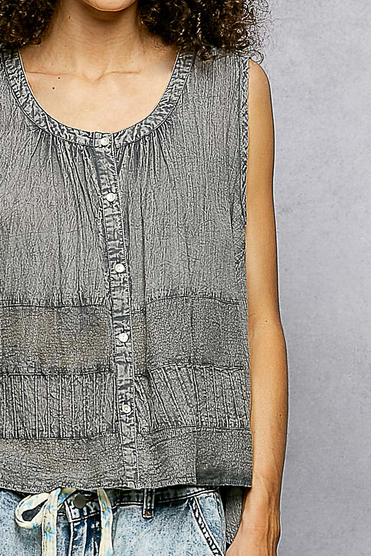 POL Button Down Round Neck Tank with Crochet Contrast on Simply Obsessed