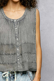 POL Button Down Round Neck Tank with Crochet Contrast on Simply Obsessed