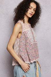 POL Printed Woven Lace Back Round Neck Sleeveless Top **SALE** on Simply Obsessed
