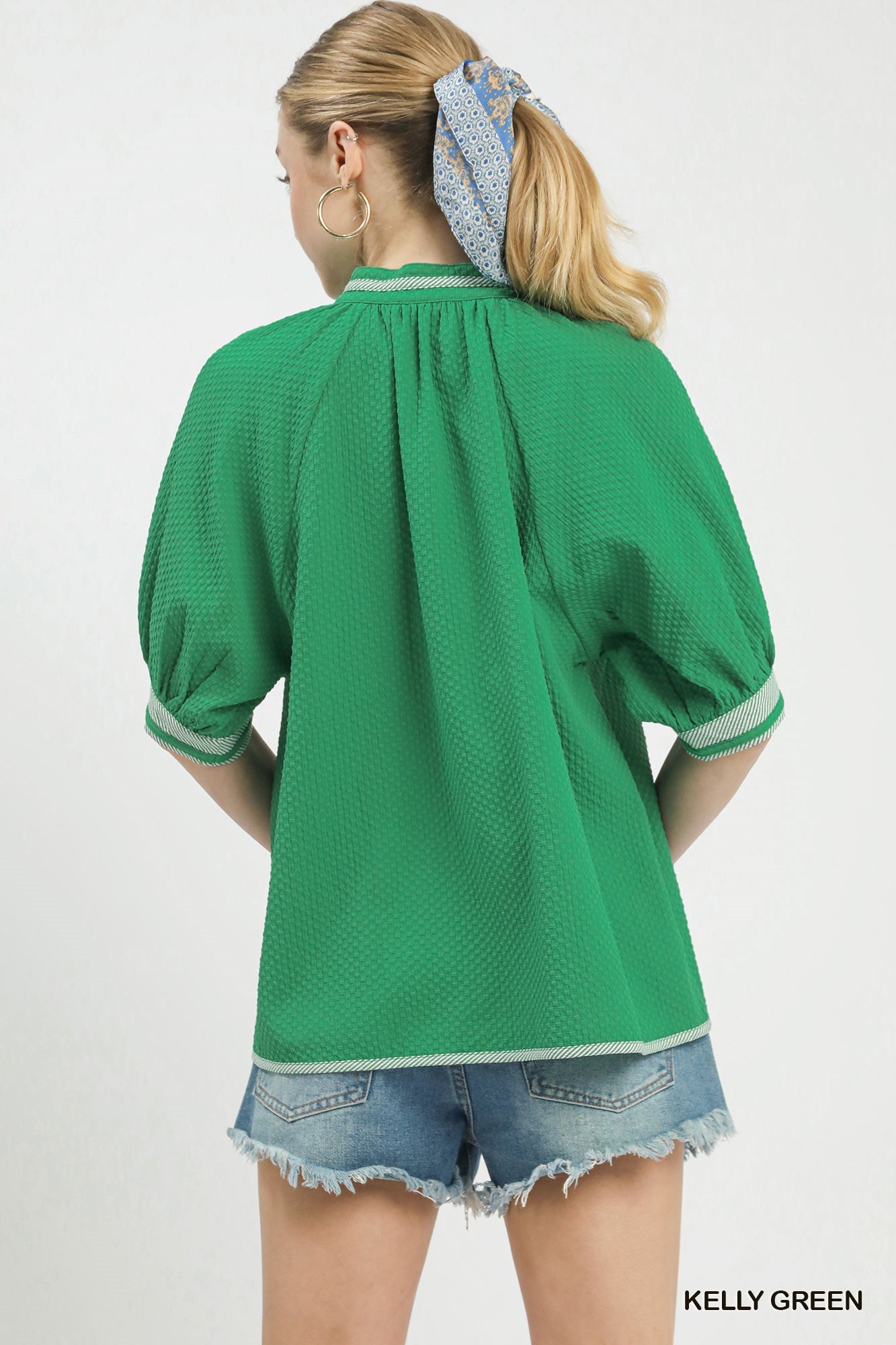 UMGEE Textured Jacquard Contrast Trim Top on Simply Obsessed