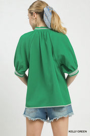 UMGEE Textured Jacquard Contrast Trim Top on Simply Obsessed