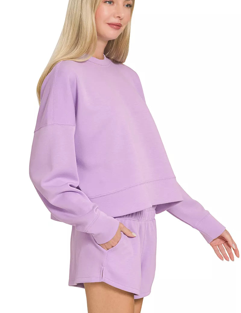 Zenana Scuba Long Sleeve Sweatshirts & Shorts Set on Simply Obsessed