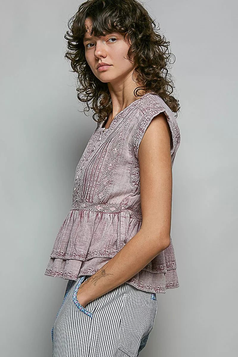 POL Eyelet Embroidery Pintuck Sleeveless Cotton Blouse on Simply Obsessed