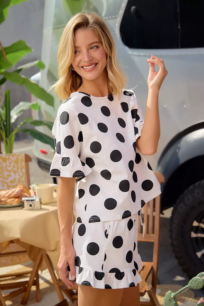 BIBI Polka Dots Printed Ruffled Detail Top And Shorts Set **DOORBUSTER** on Simply Obsessed