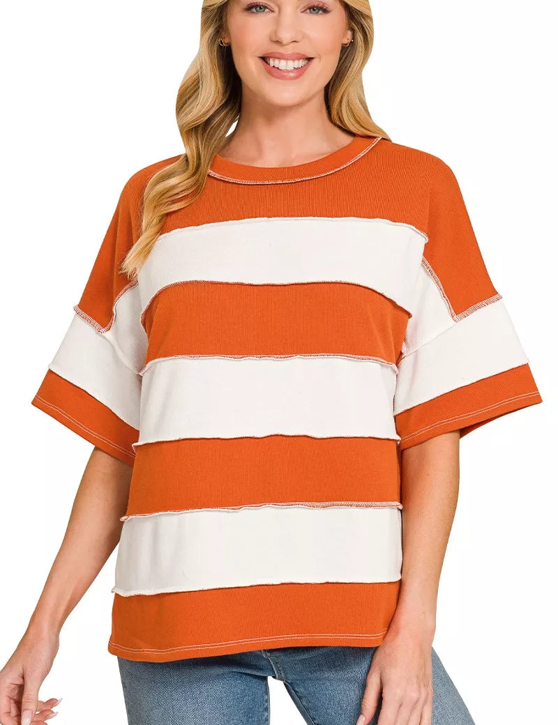 ZENANA French Terry Striped Exposed Seam Top on Simply Obsessed