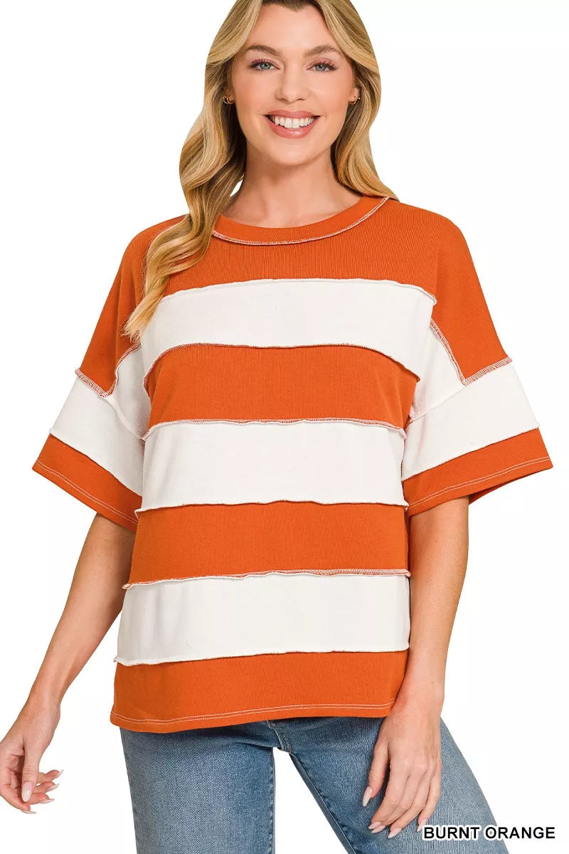 ZENANA French Terry Striped Exposed Seam Top on Simply Obsessed