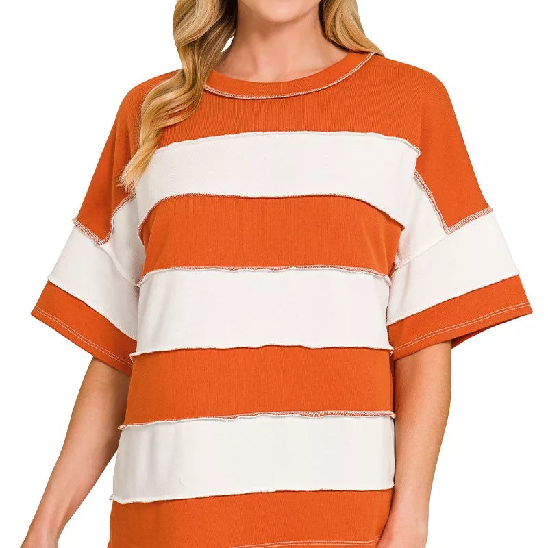 ZENANA French Terry Striped Exposed Seam Top on Simply Obsessed