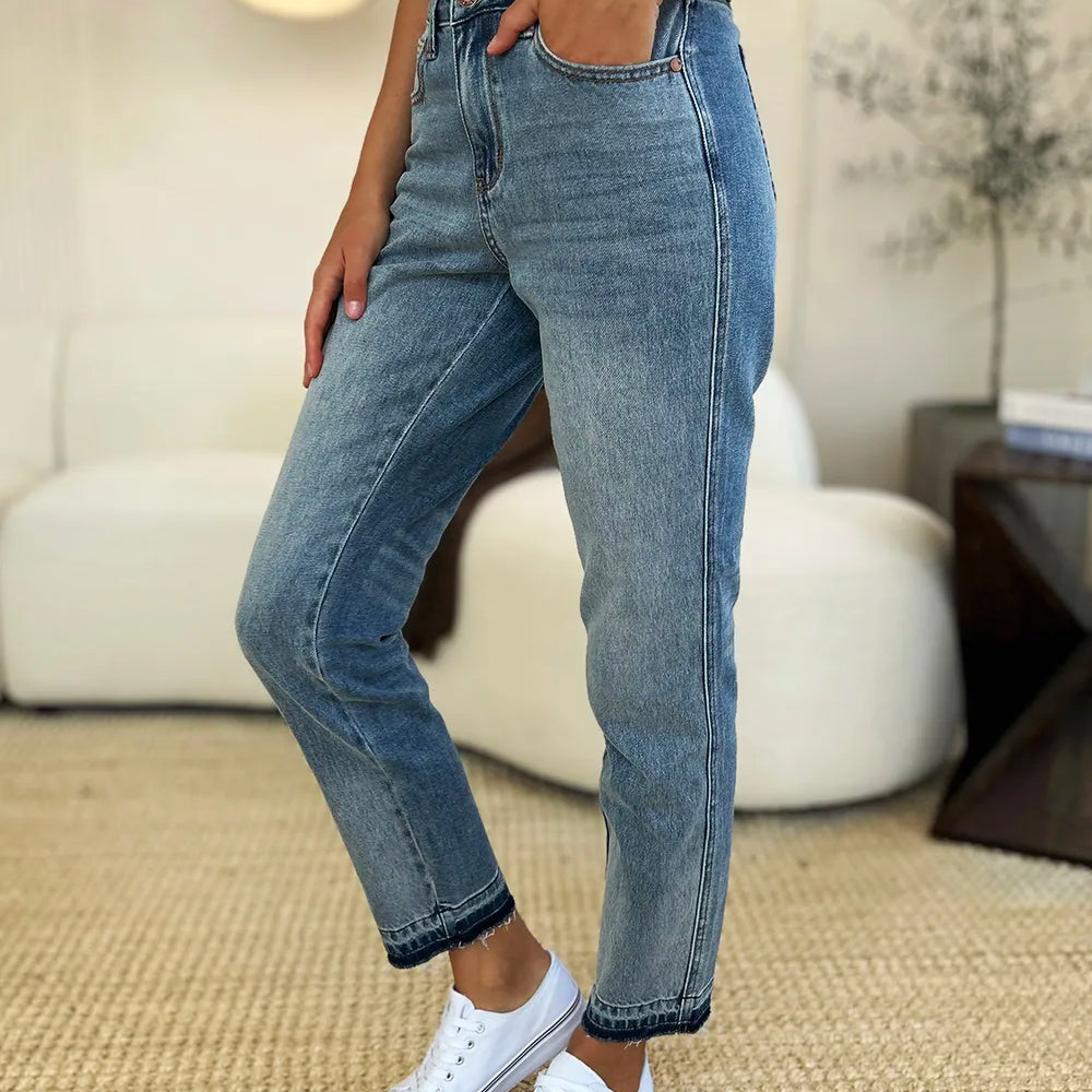 JUDY BLUE Full Size Mid Rise Rigid Magic Release Hem Jeans on Simply Obsessed