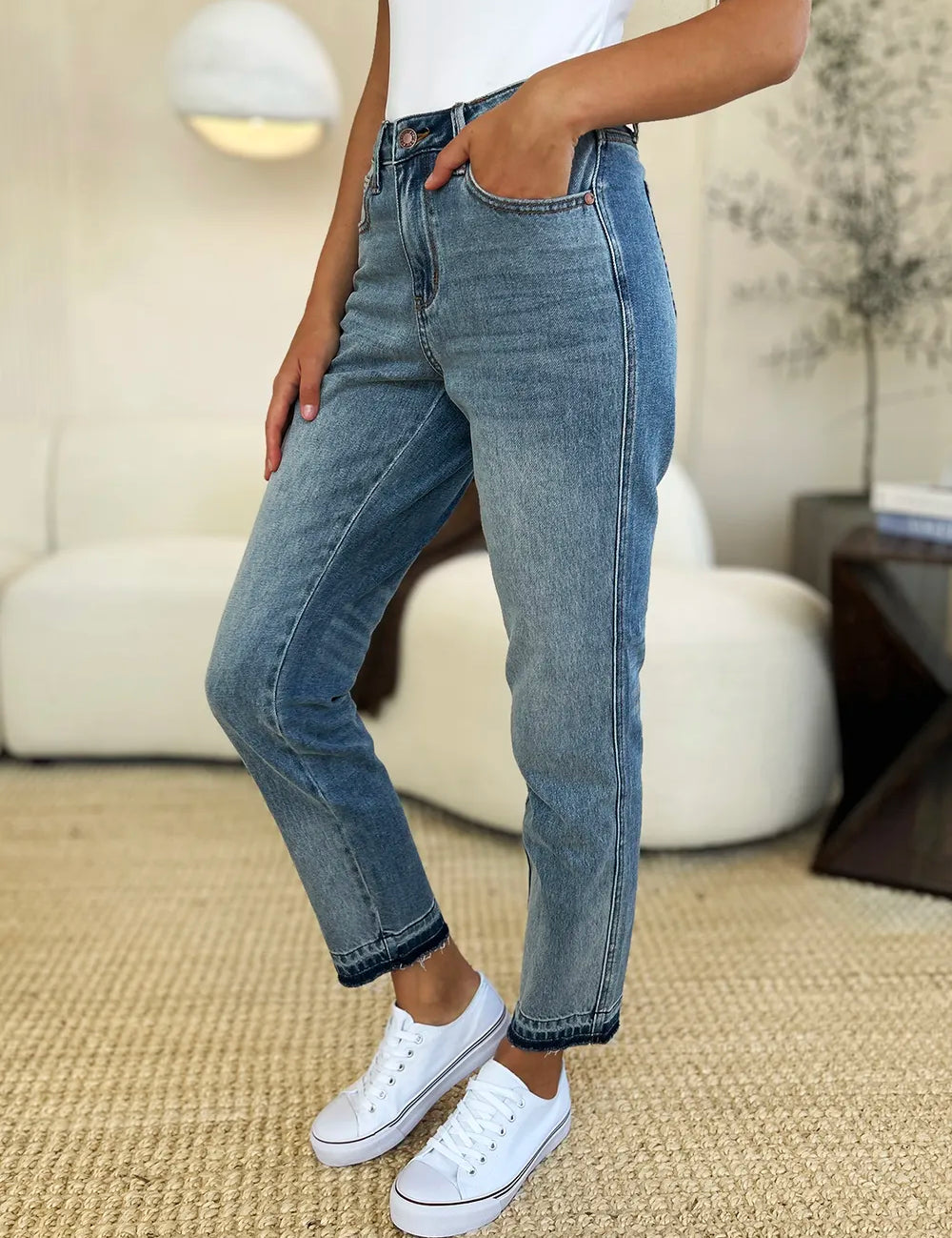 JUDY BLUE Full Size Mid Rise Rigid Magic Release Hem Jeans on Simply Obsessed