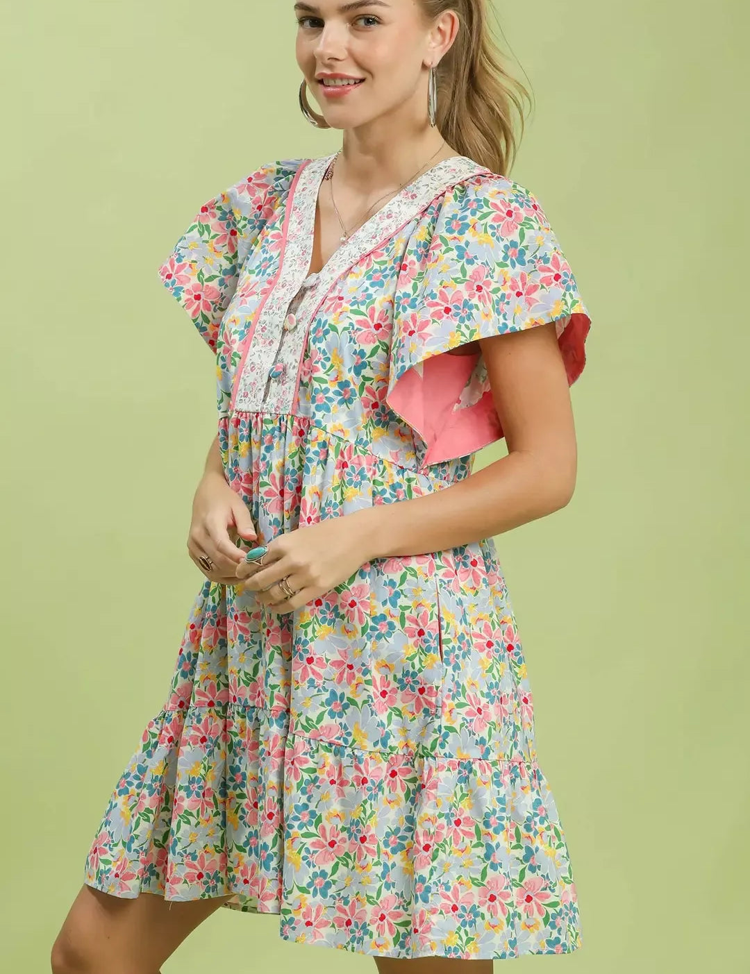 UMGEE Mix Floral Tiered Mini Dress with Side Pockets on Simply Obsessed