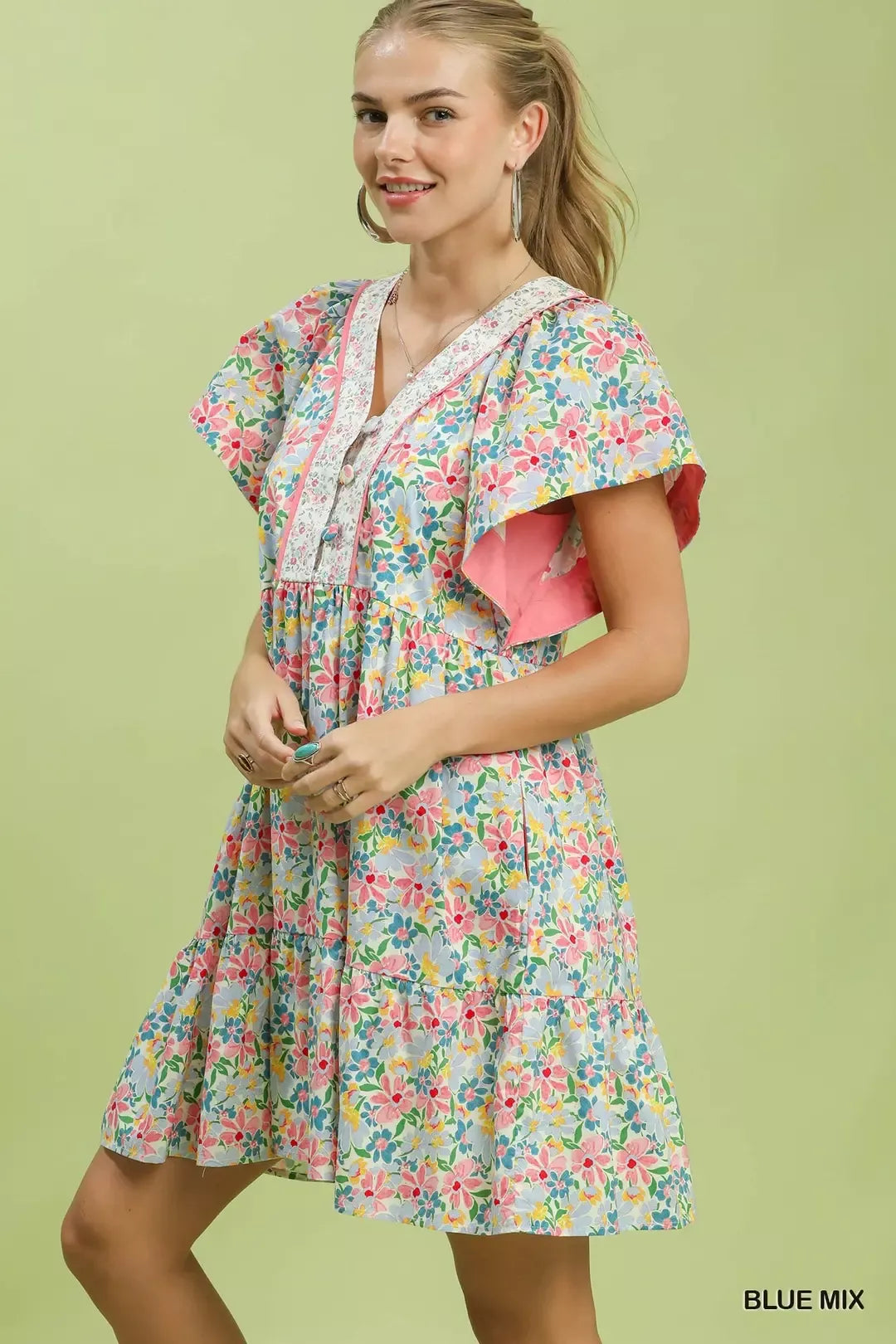 UMGEE Mix Floral Tiered Mini Dress with Side Pockets on Simply Obsessed