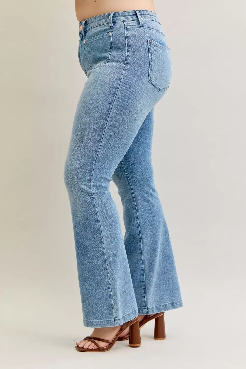 Judy Blue Full Size Mid Rise Bootcut Jeans with Contrast Wash & Front Patch Pockets Plus Size on Simply Obsessed