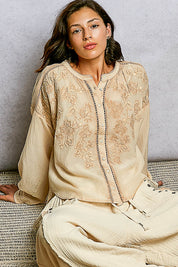 POL Embroidery Button Down Long Sleeve Washed Shirt on Simply Obsessed