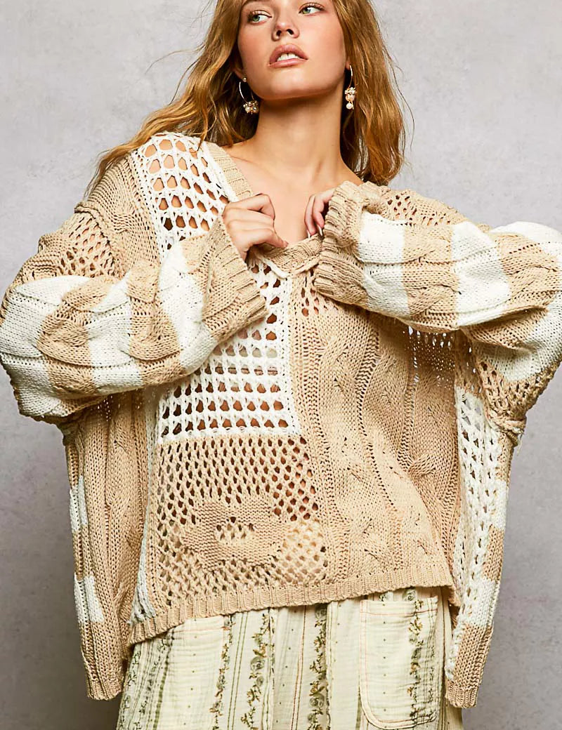 POL Color-Blocked Stripe Pattern Knit Top with Twisted Weave on Simply Obsessed