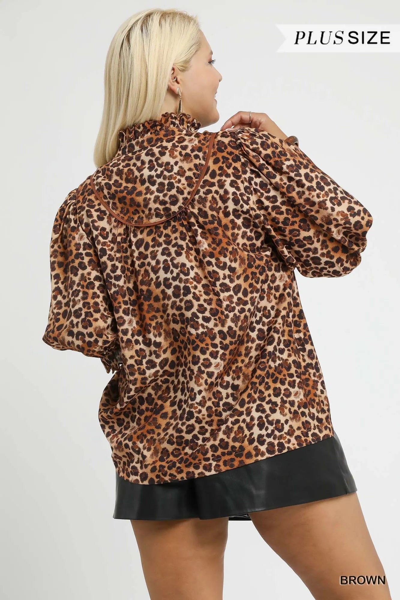 UMGEE Full Size Leopard Print Ruffle Neck Blouse Plus Size **FALL DEBUT SALE** on Simply Obsessed