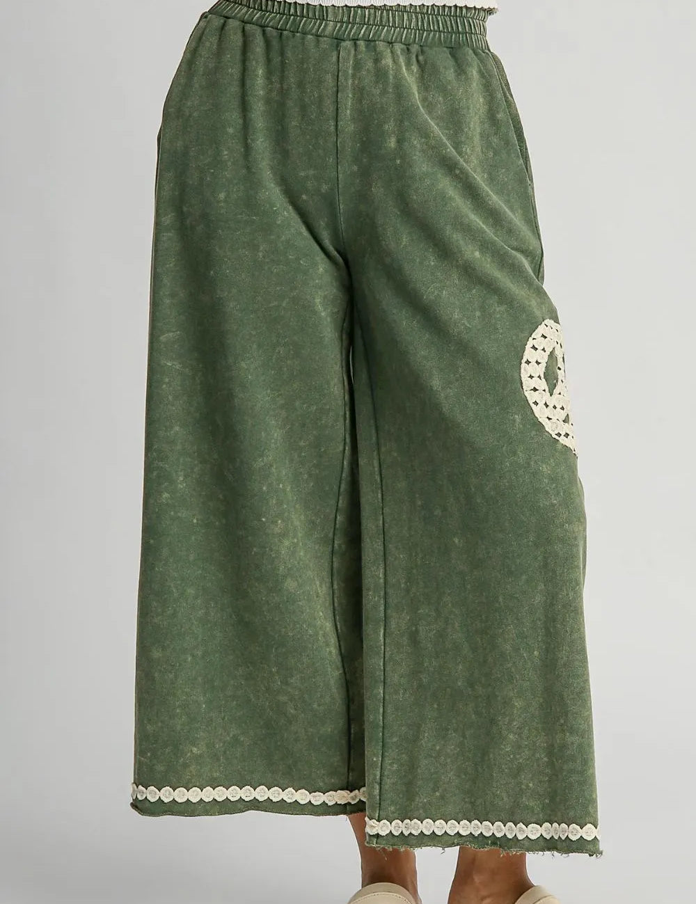 UMGEE Full Size Peace Lace Applique Mineral Wash Wide Leg Pants Plus Size **FALL DEBUT SALE** on Simply Obsessed