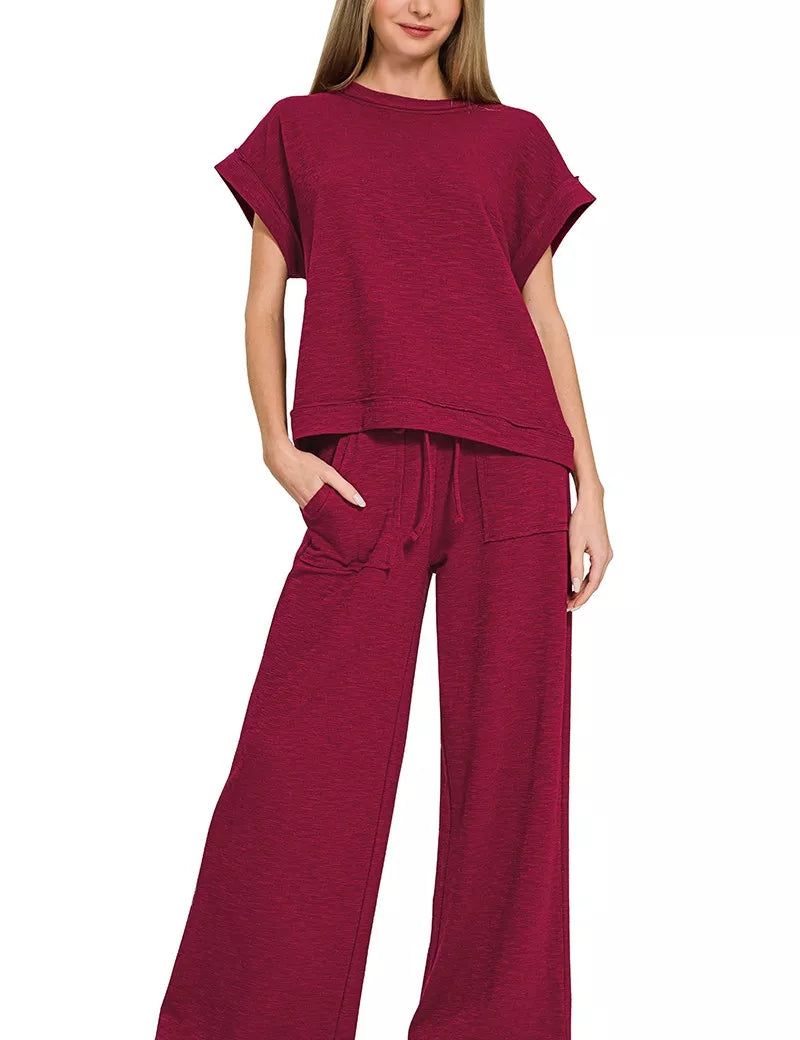 ZENANA Cotton Slub Short Sleeve Tee and Pants Set on Simply Obsessed
