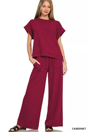 ZENANA Cotton Slub Short Sleeve Tee and Pants Set on Simply Obsessed