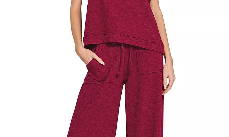 ZENANA Cotton Slub Short Sleeve Tee and Pants Set on Simply Obsessed