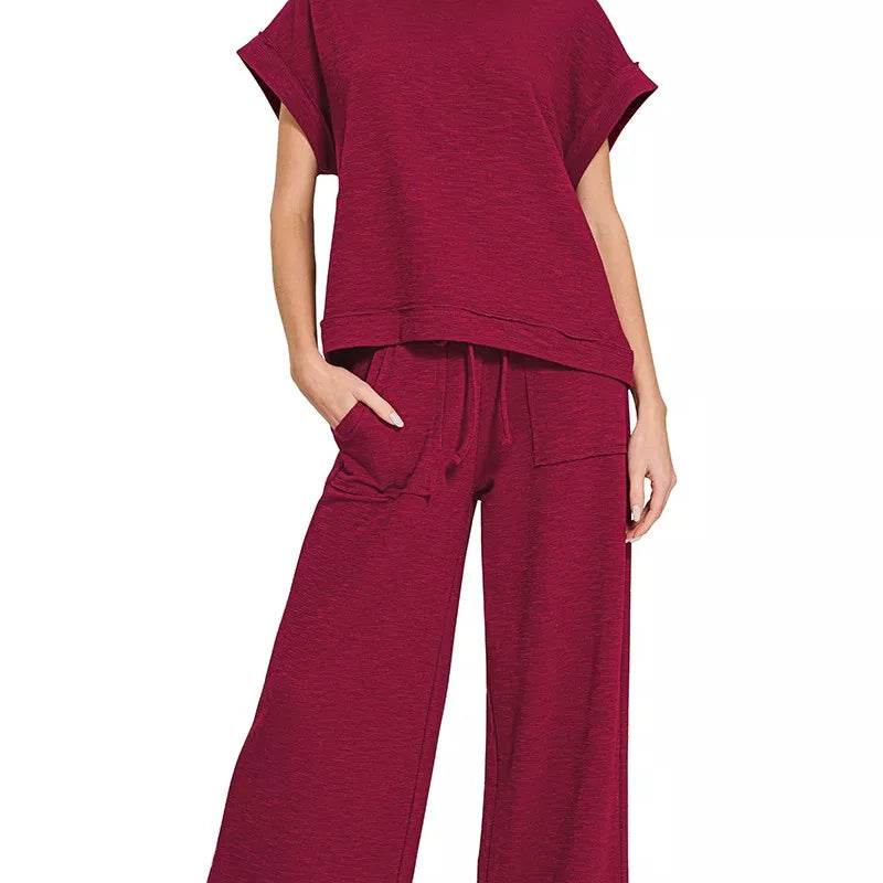 ZENANA Cotton Slub Short Sleeve Tee and Pants Set on Simply Obsessed