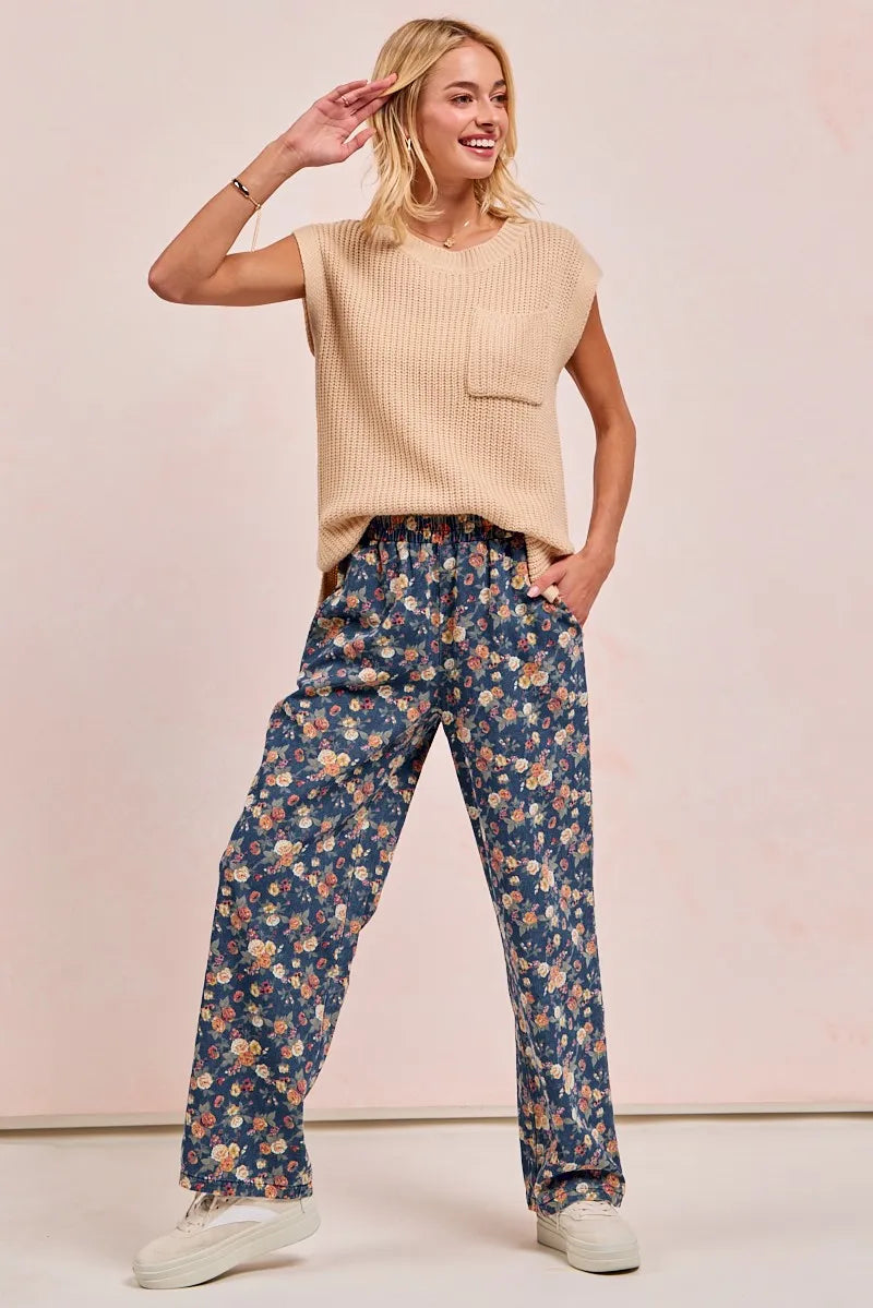 BiBi Washed Floral Print Wide Leg Jeans on Simply Obsessed