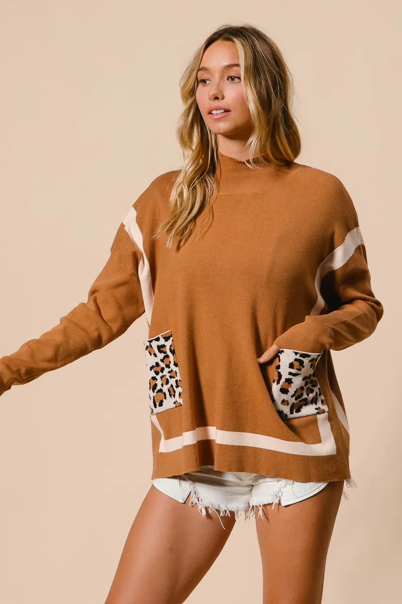 BiBi Mock Neck Sweater with Leopard Pocket on Simply Obsessed