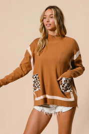 BiBi Mock Neck Sweater with Leopard Pocket on Simply Obsessed