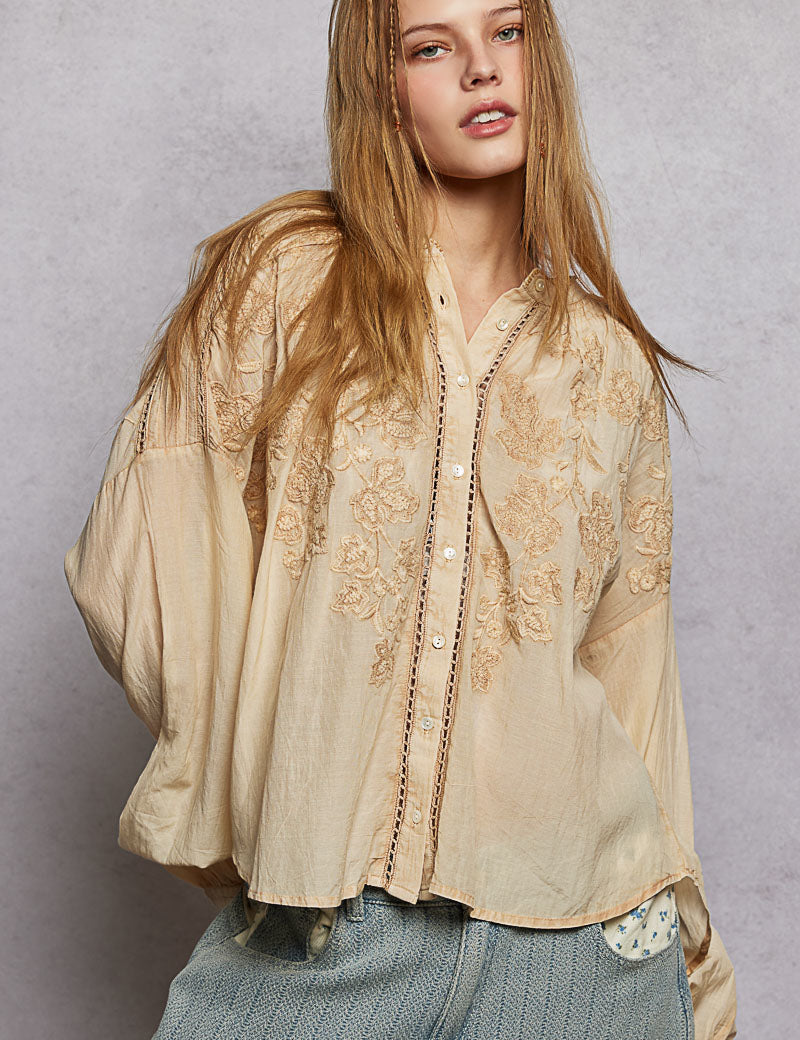 POL Embroidery Button Down Long Sleeve Washed Shirt on Simply Obsessed