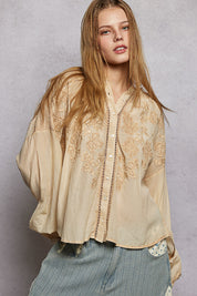 POL Embroidery Button Down Long Sleeve Washed Shirt on Simply Obsessed