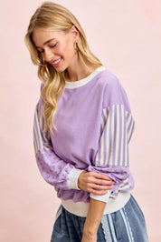 BiBi Mix and Match Sweatshirt with Floral Sleeve Striped on Simply Obsessed