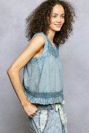 POL Button Closure on Back Ruffled Sleeveless Cotton Blouse with Trim Detail on Simply Obsessed