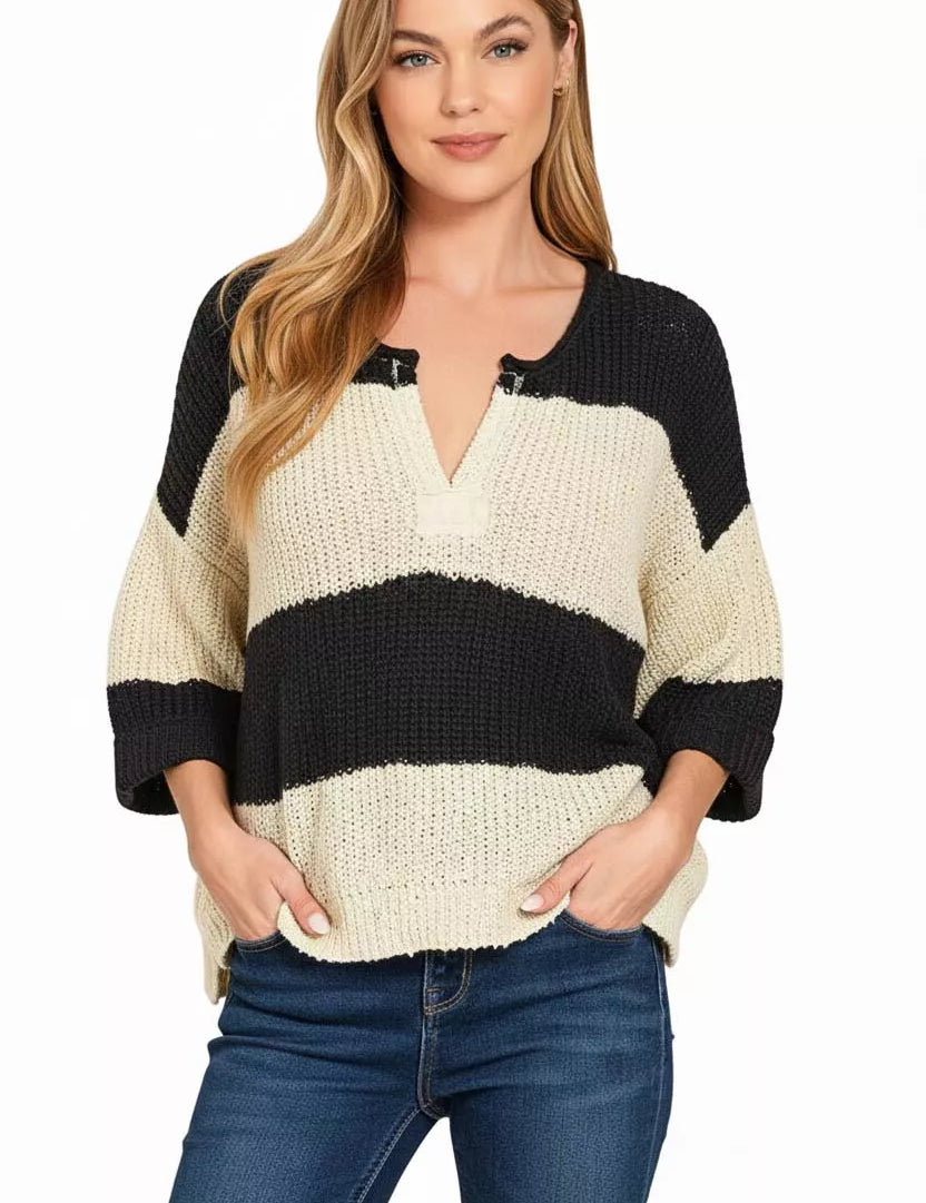 Zenana Split Neck Stripe Sweater on Simply Obsessed