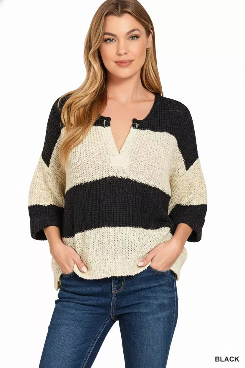 Zenana Split Neck Stripe Sweater on Simply Obsessed