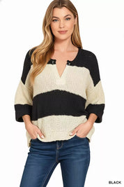 Zenana Split Neck Stripe Sweater on Simply Obsessed