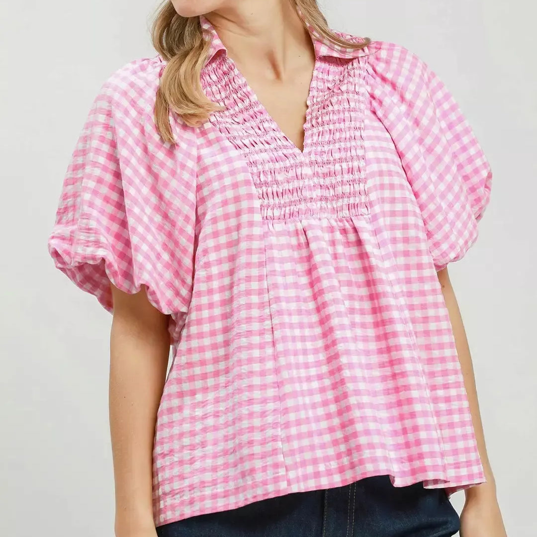 UMGEE Smocked Yoke Puff Sleeve Gingham Blouse on Simply Obsessed