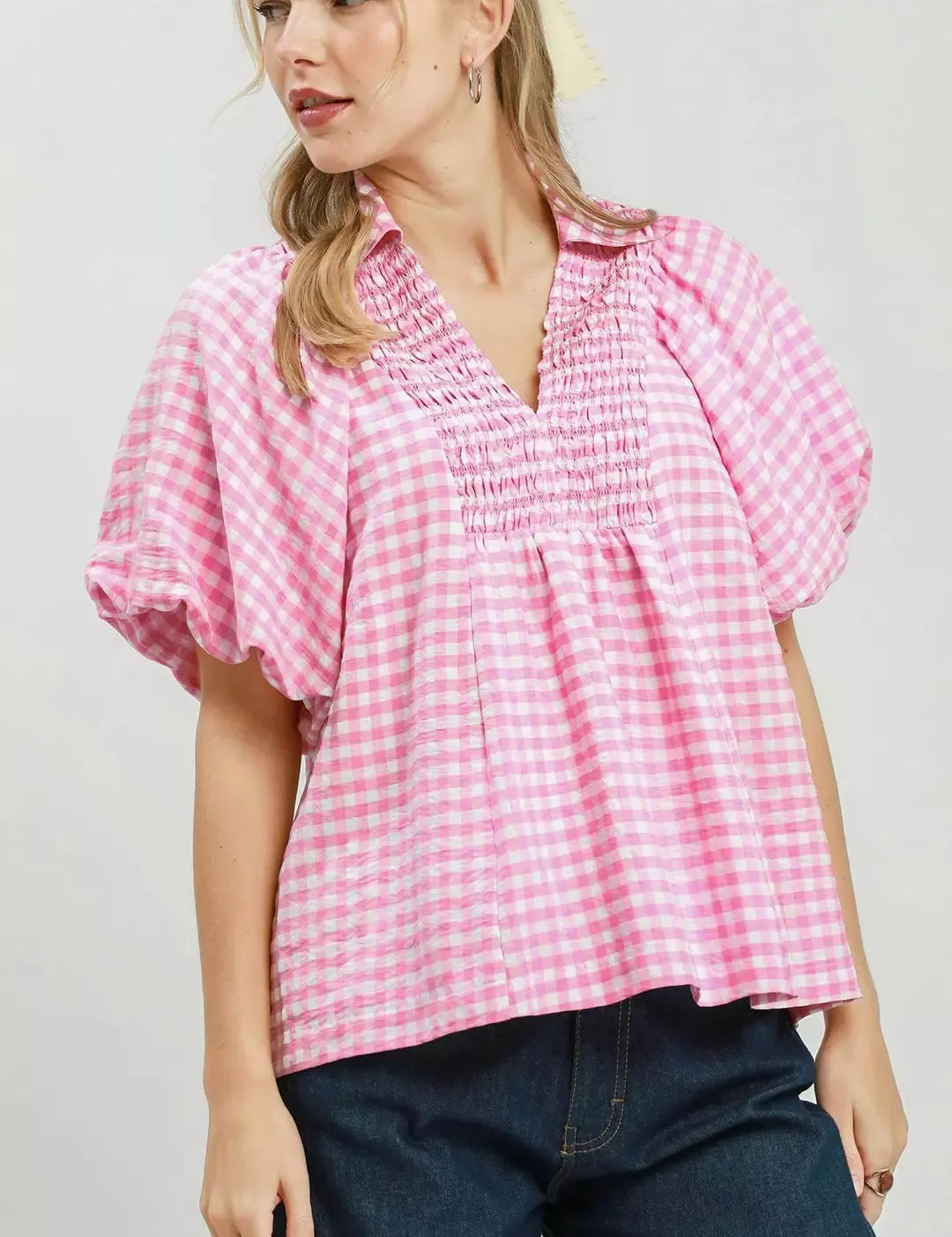 UMGEE Smocked Yoke Puff Sleeve Gingham Blouse on Simply Obsessed