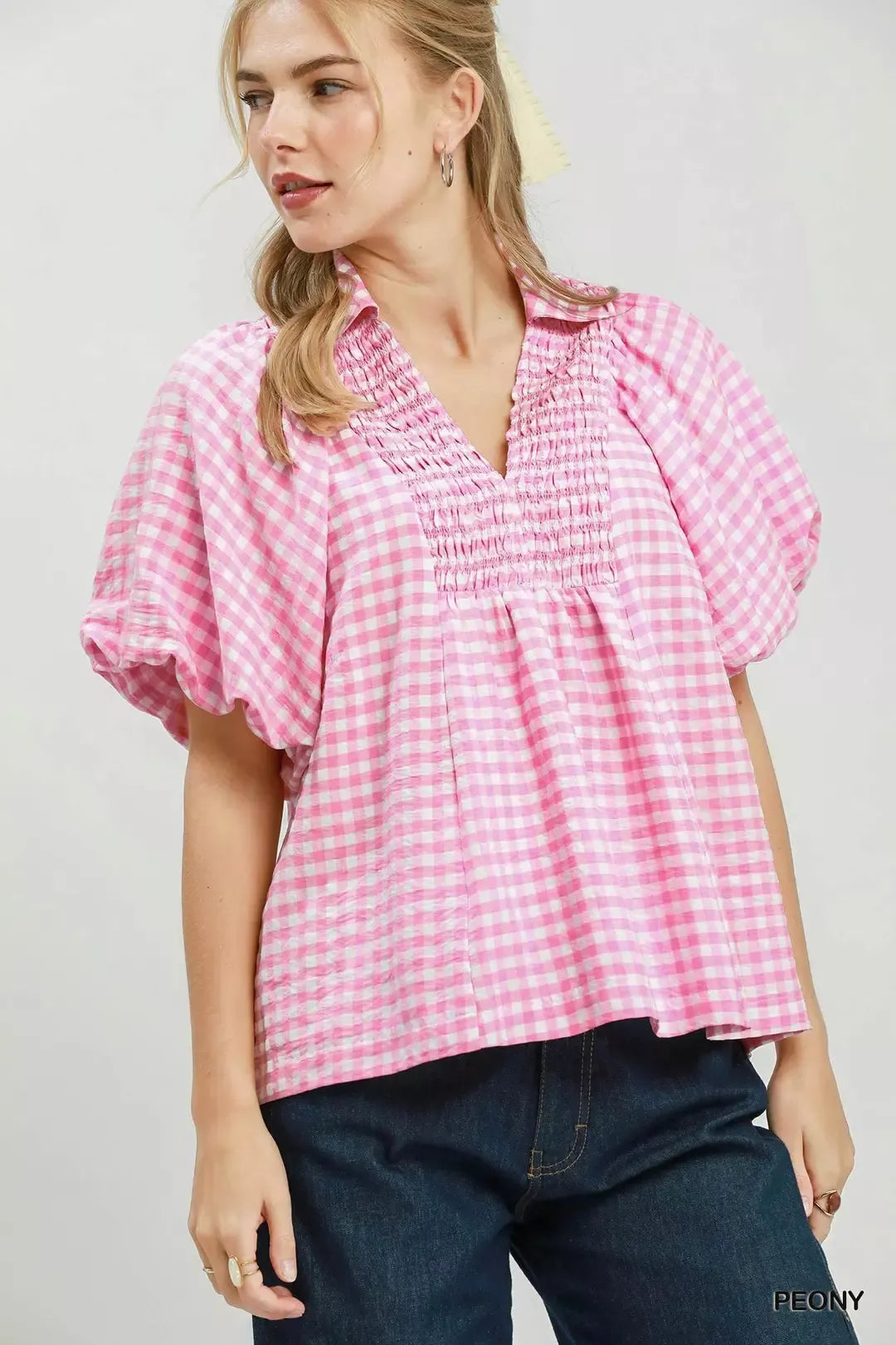 UMGEE Smocked Yoke Puff Sleeve Gingham Blouse on Simply Obsessed