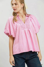 UMGEE Smocked Yoke Puff Sleeve Gingham Blouse on Simply Obsessed