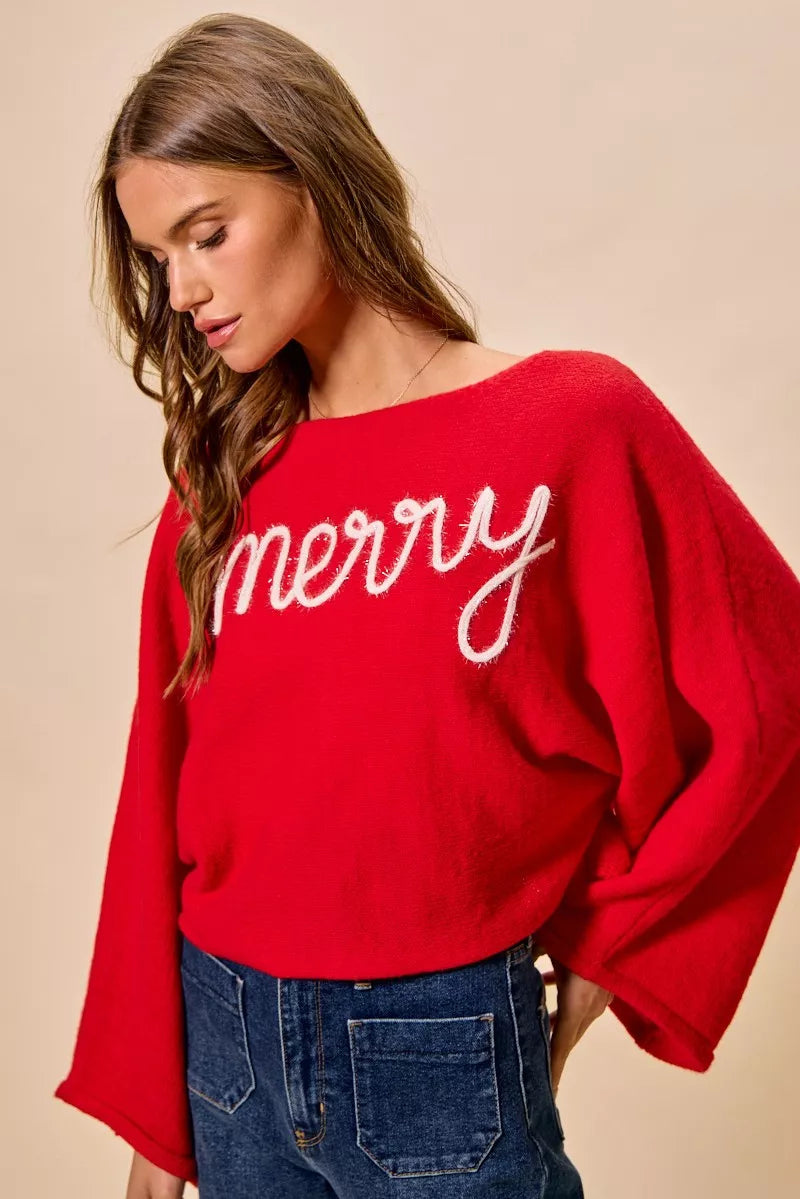 SO ME Merry Tinsel Lettering Christmas Sweater Top on Simply Obsessed