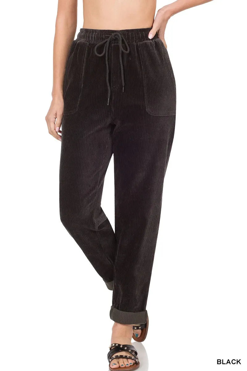 ZENANA Corduroy Drawstring Cuffed Pants on Simply Obsessed