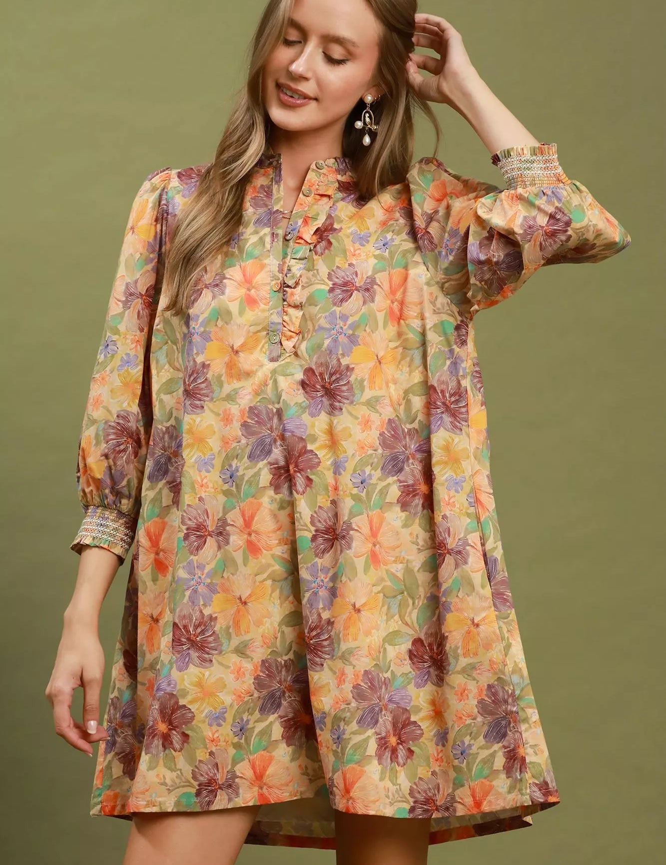 UMGEE Mix Floral Print Smocked Cuff Mini Dress on Simply Obsessed