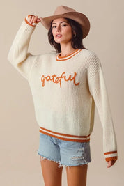 SO ME Thanksgiving Grateful Lettering Stitch Sweater on Simply Obsessed