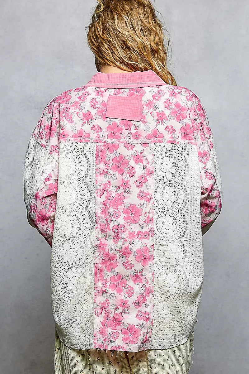 POL Floral Print Long Sleeve Lace Shirt with Front Pocket on Simply Obsessed