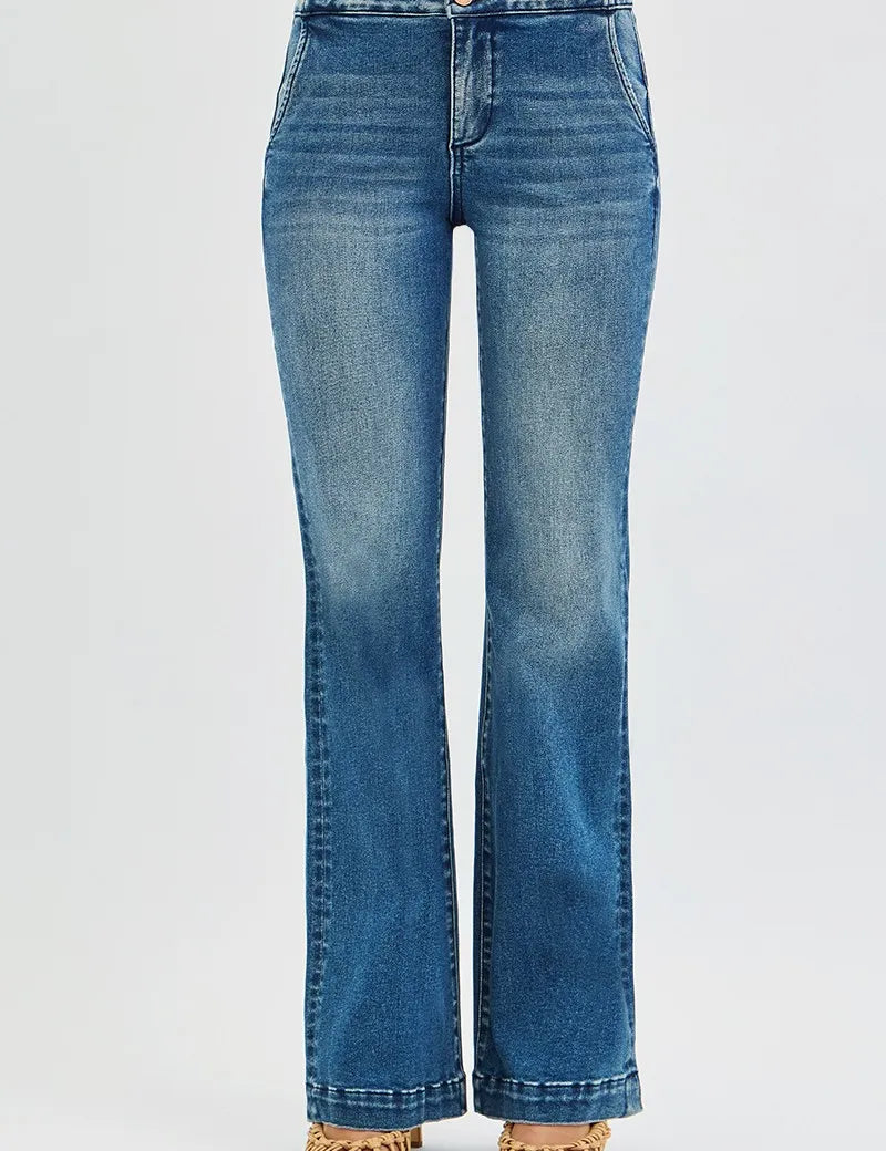 RISEN Full Size Tummy Control High Rise Bootcut Jeans with Double Button Waistband Plus Size on Simply Obsessed